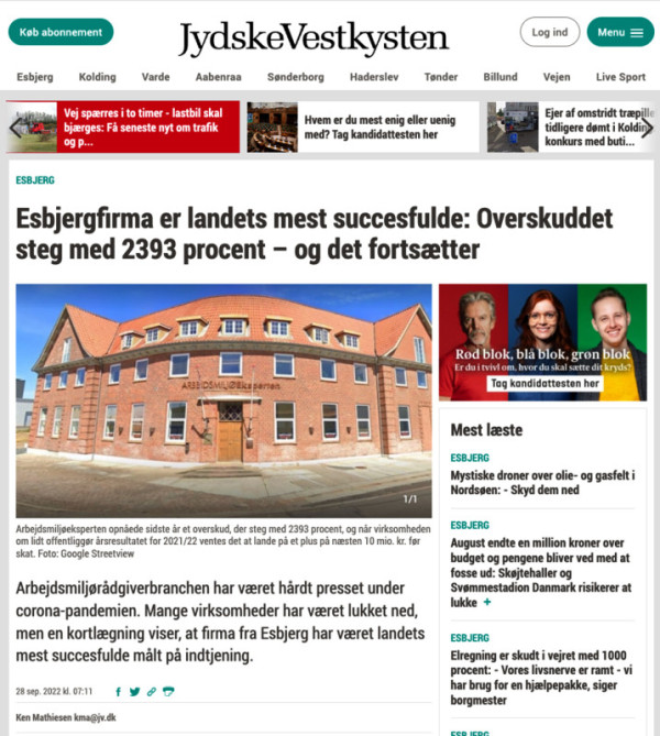 Du kan læse artiklen i JydskeVestkysten: Esbjergfirma er landets mest succesfulde: Overskuddet steg med 2393 procent – og det fortsætter